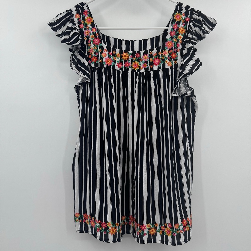Savanna Jane Top Women Small NEW Black Stripes Embroidered Flower Ruffle Boho